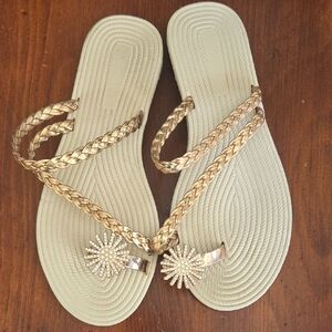 Women's Gold Braided Toe-Post Sandals with Rhinestone Sunburst